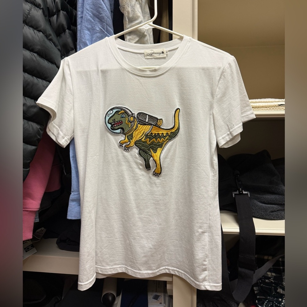 White T-Shirt with Space Dinosaur Design